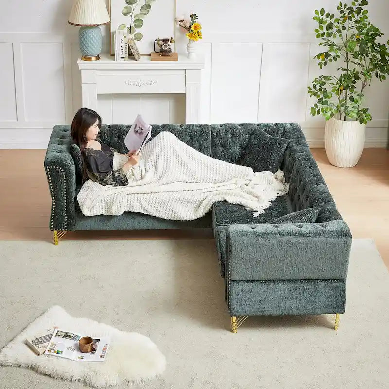 Divano componibile a L con design Chesterfield, in tessuto ciniglia, 5 posti