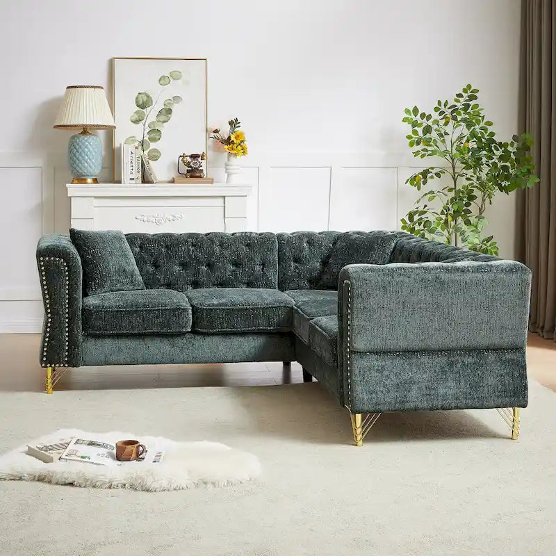 Divano componibile a L con design Chesterfield, in tessuto ciniglia, 5 posti