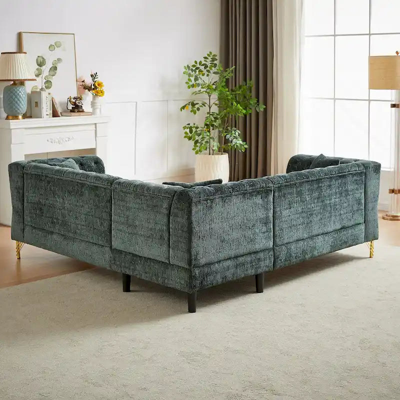 Divano componibile a L con design Chesterfield, in tessuto ciniglia, 5 posti