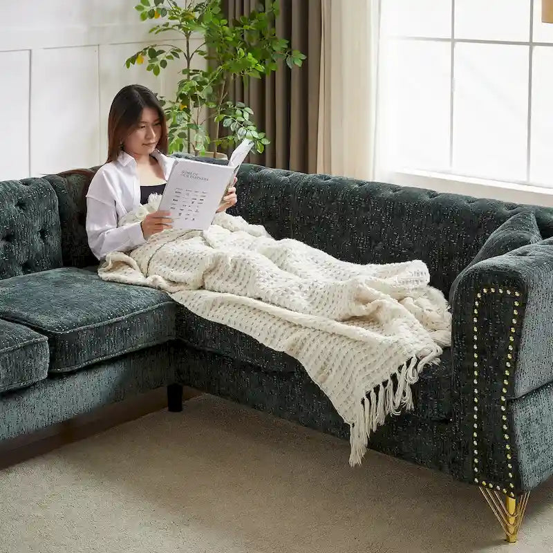 Divano componibile a L con design Chesterfield, in tessuto ciniglia, 5 posti