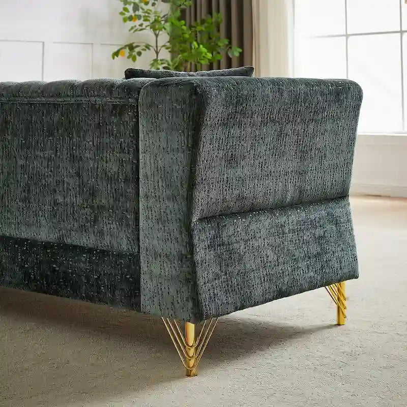Divano componibile a L con design Chesterfield, in tessuto ciniglia, 5 posti