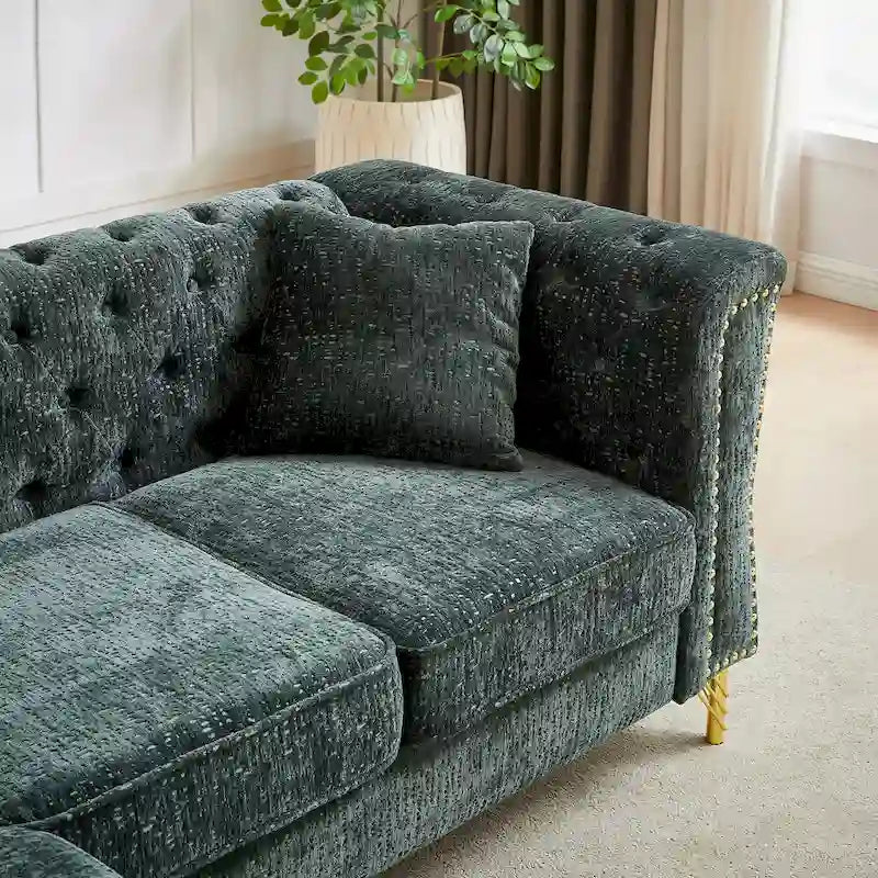 Divano componibile a L con design Chesterfield, in tessuto ciniglia, 5 posti