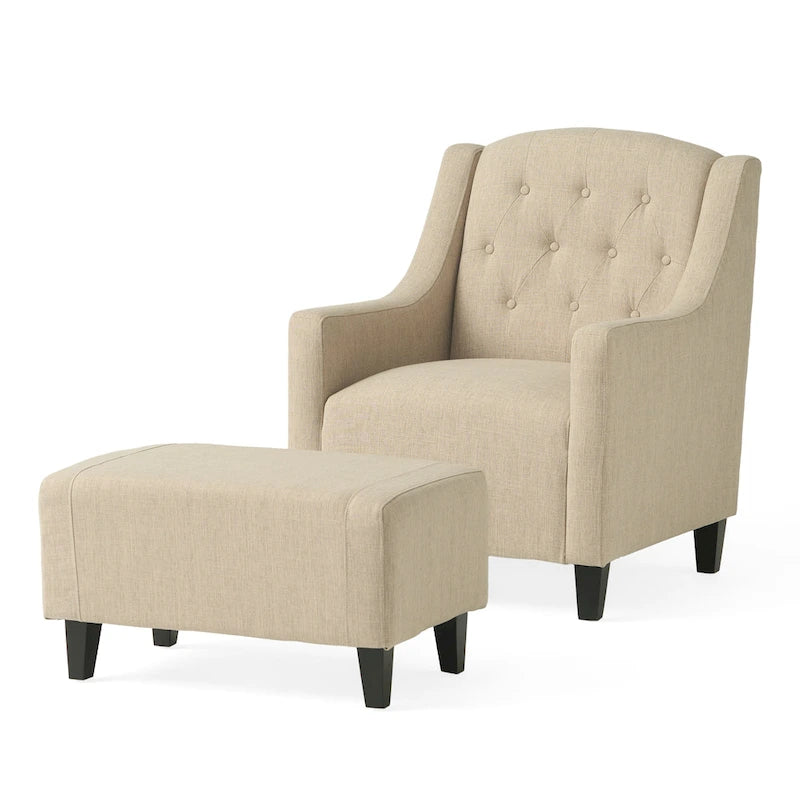 Poltrona Club in Tessuto Trapuntato Beige Chiaro con Pouf