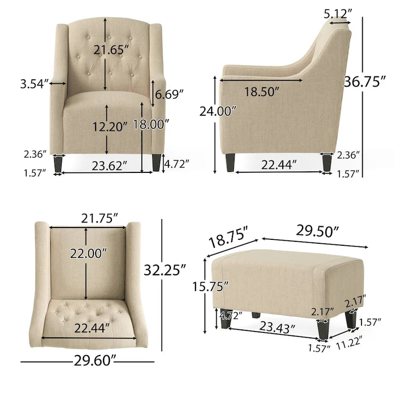 Poltrona Club in Tessuto Trapuntato Beige Chiaro con Pouf