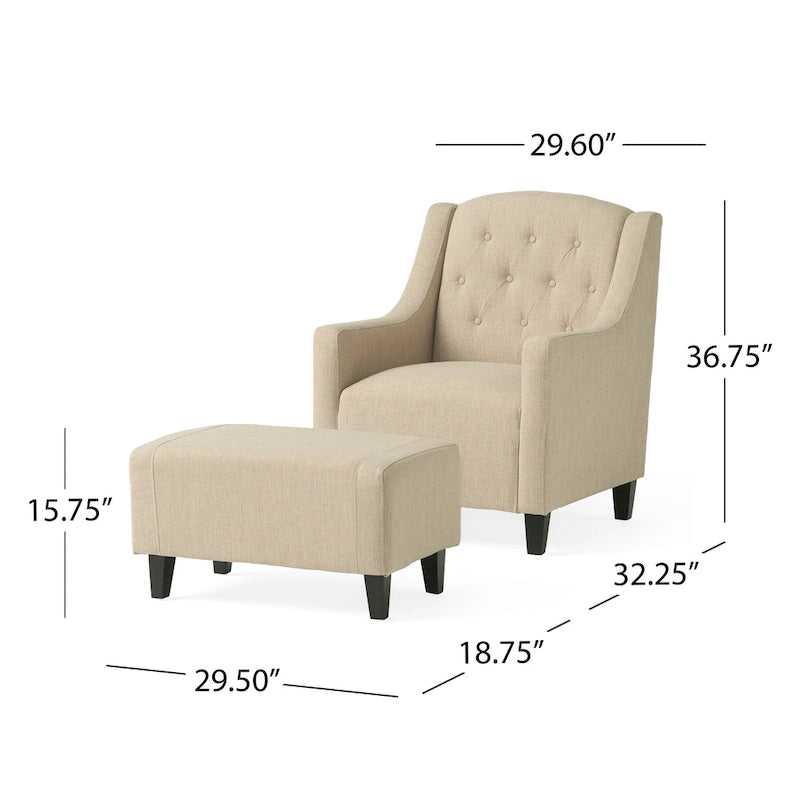 Poltrona Club in Tessuto Trapuntato Beige Chiaro con Pouf
