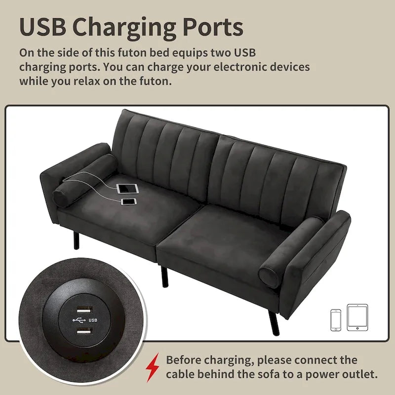 Divanetto convertibile in velluto con porta di ricarica USB