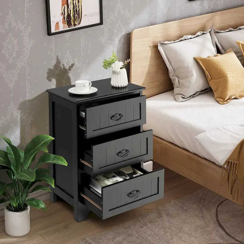 Comodino con 3 cassetti e spazio contenitore