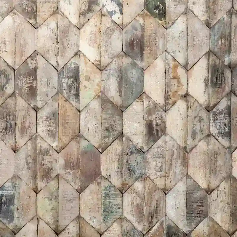 Letto in legno di teak di recupero con testiera geometrica a esagoni