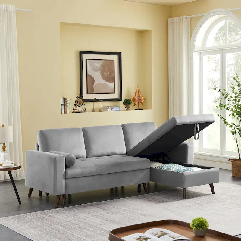 Divano letto angolare 88 estraibile reversibile con contenitore, divano letto angolare con chaise longue contenitore sinistra/destra