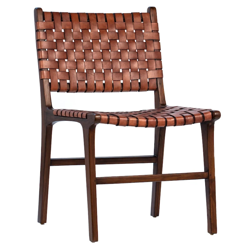Sedia da pranzo laterale in pelle intrecciata con struttura in teak