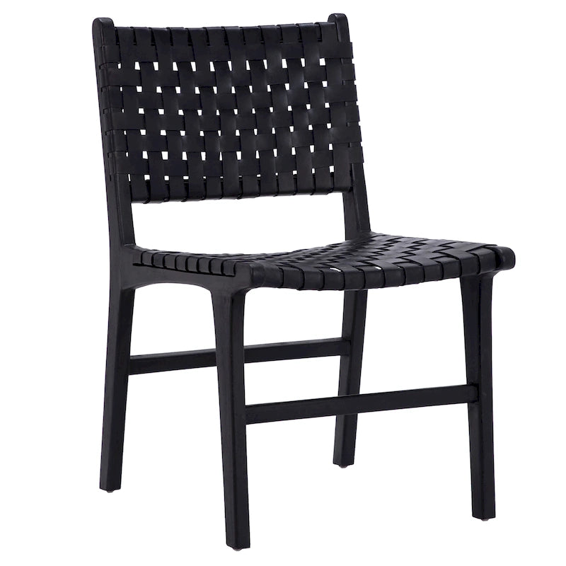 Sedia da pranzo laterale in pelle intrecciata con struttura in teak