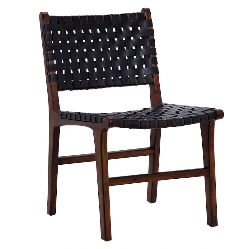 Sedia da pranzo laterale in pelle intrecciata con struttura in teak