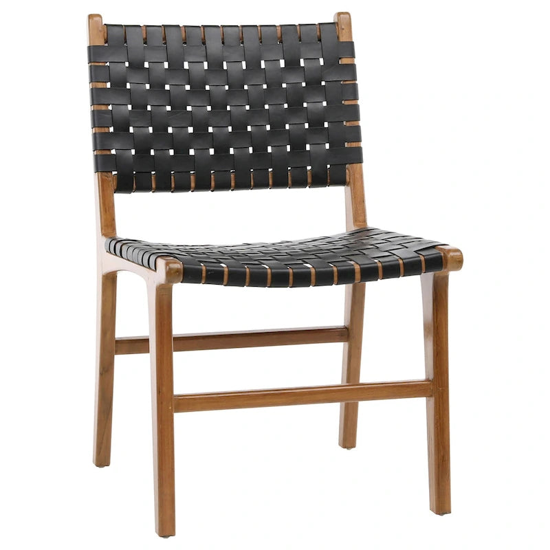 Sedia da pranzo laterale in pelle intrecciata con struttura in teak