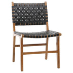 Sedia da pranzo laterale in pelle intrecciata con struttura in teak