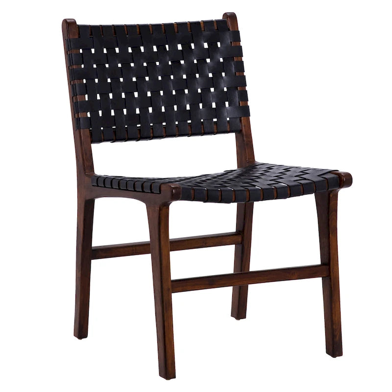 Sedia da pranzo laterale in pelle intrecciata con struttura in teak