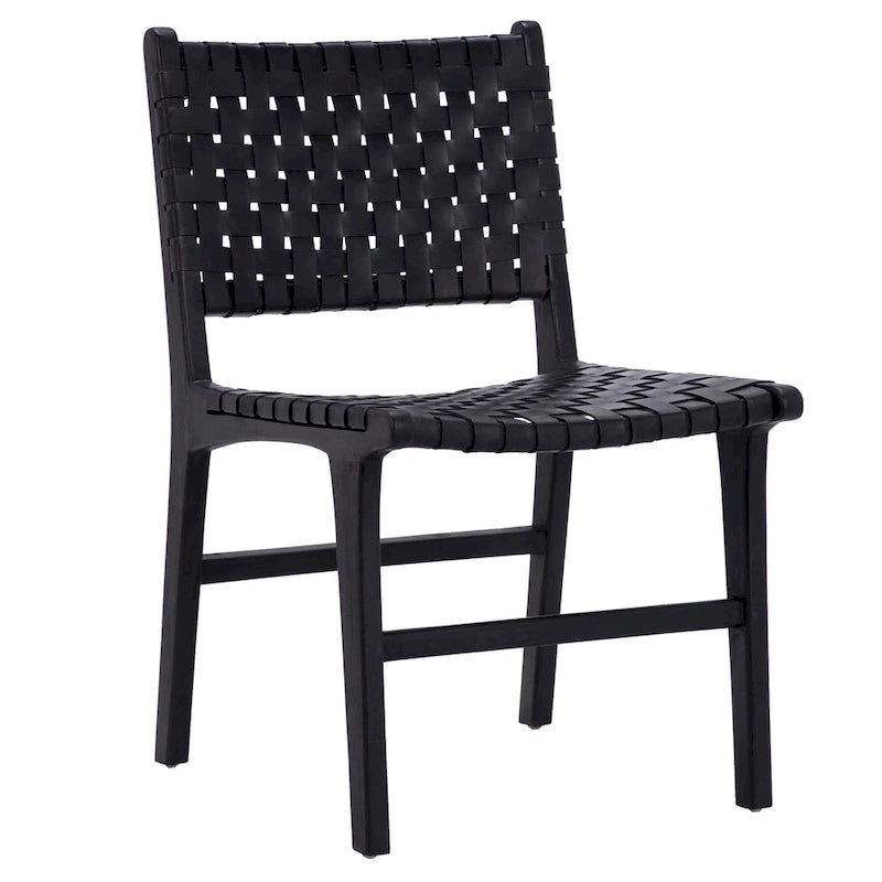 Sedia da pranzo laterale in pelle intrecciata con struttura in teak