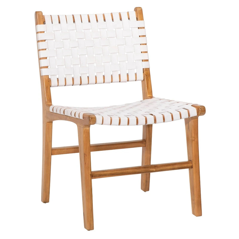 Sedia da pranzo laterale in pelle intrecciata con struttura in teak
