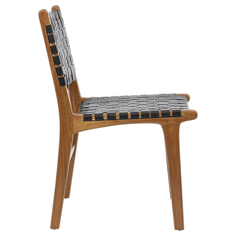 Sedia da pranzo laterale in pelle intrecciata con struttura in teak