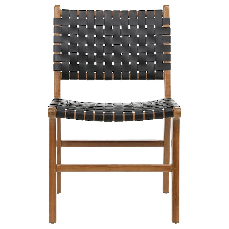Sedia da pranzo laterale in pelle intrecciata con struttura in teak