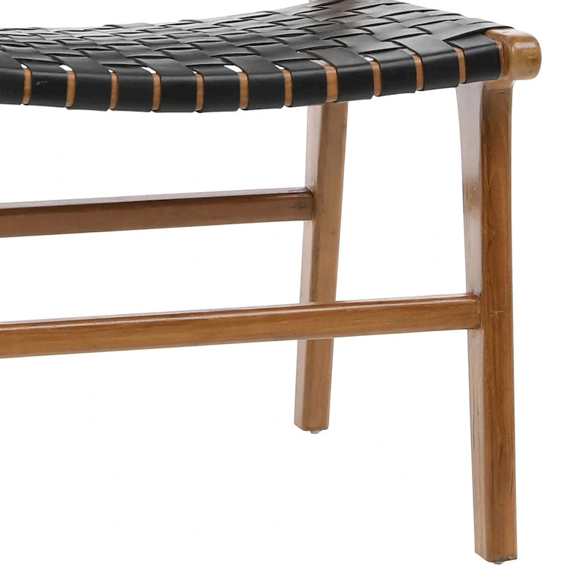 Sedia da pranzo laterale in pelle intrecciata con struttura in teak