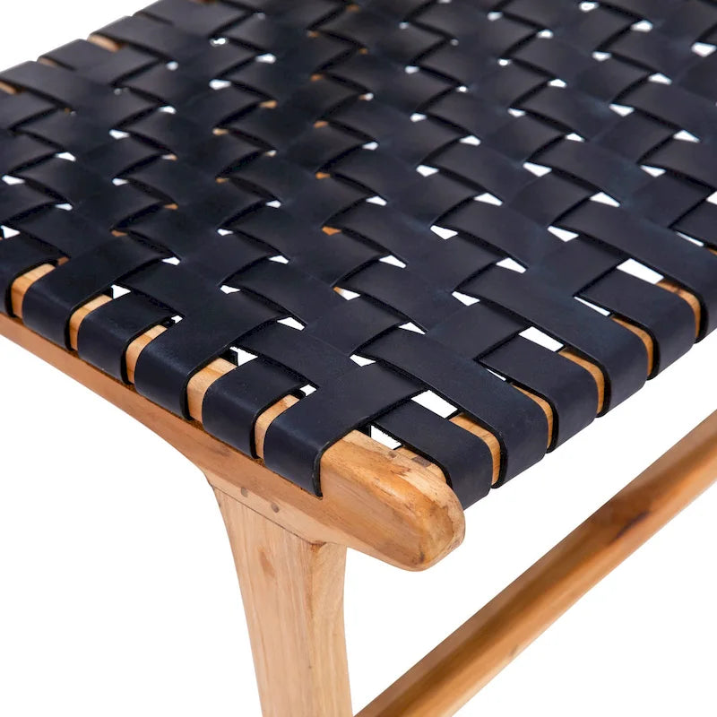 Sedia da pranzo laterale in pelle intrecciata con struttura in teak