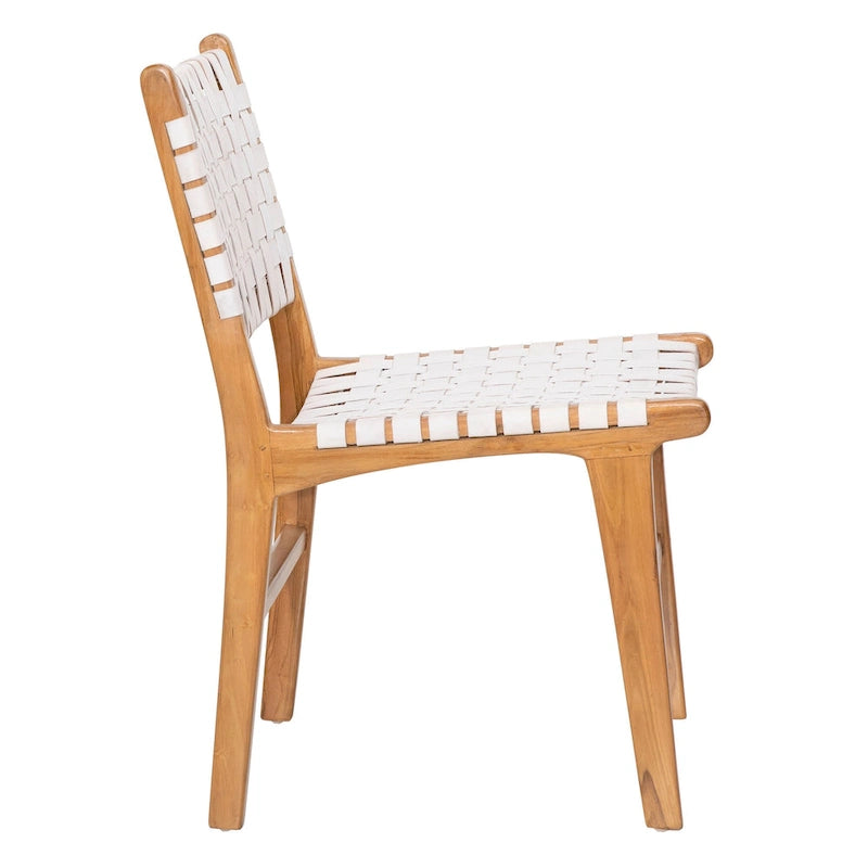 Sedia da pranzo laterale in pelle intrecciata con struttura in teak
