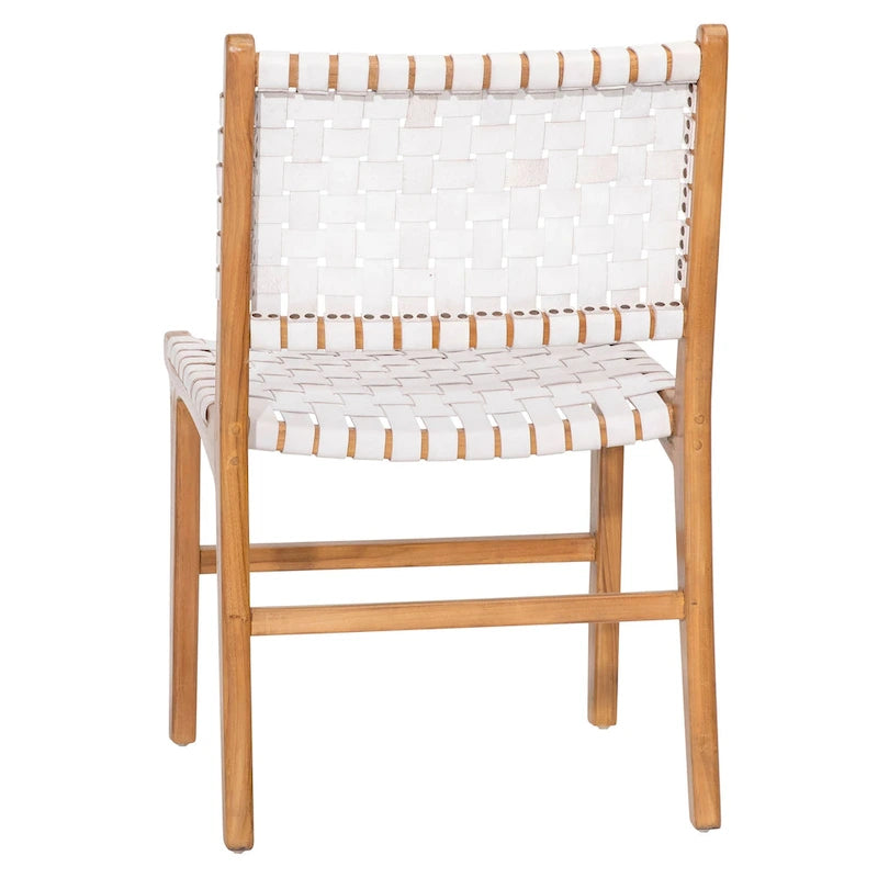 Sedia da pranzo laterale in pelle intrecciata con struttura in teak