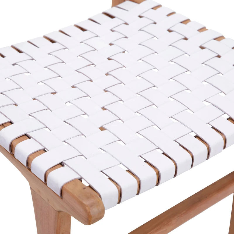Sedia da pranzo laterale in pelle intrecciata con struttura in teak