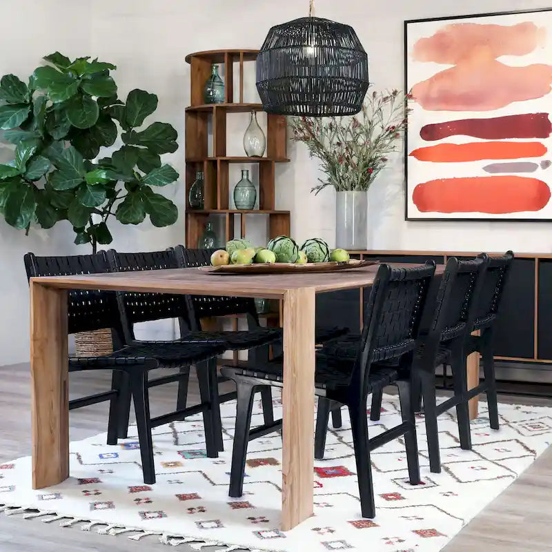 Sedia da pranzo laterale in pelle intrecciata con struttura in teak