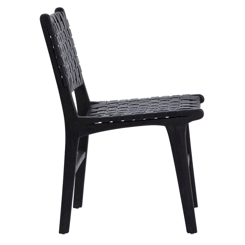 Sedia da pranzo laterale in pelle intrecciata con struttura in teak