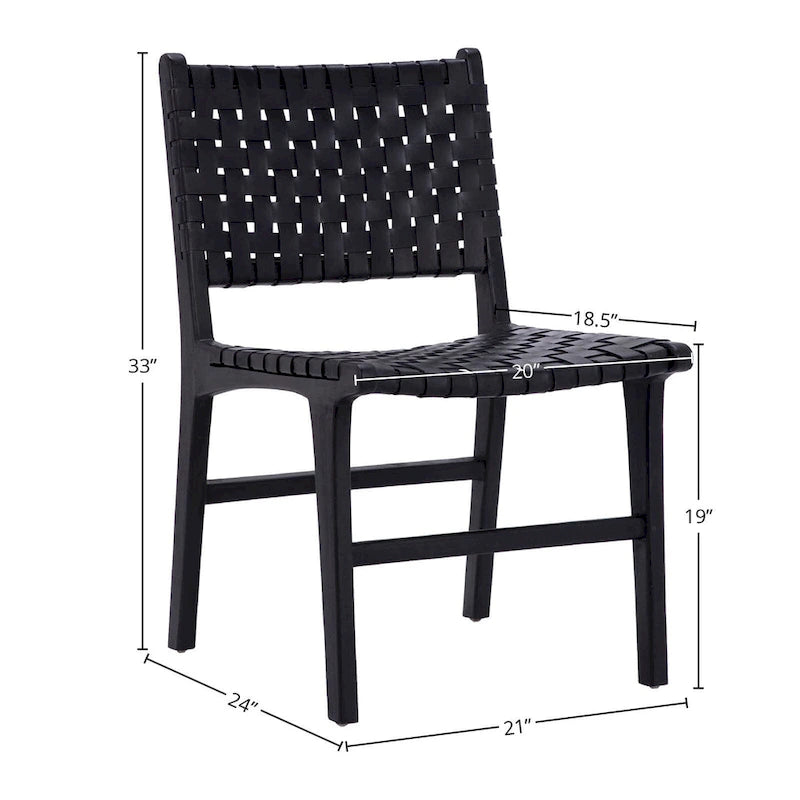 Sedia da pranzo laterale in pelle intrecciata con struttura in teak