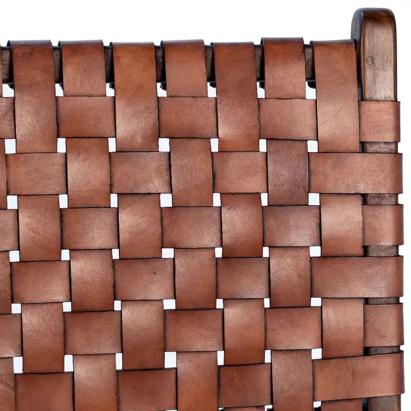 Sedia da pranzo laterale in pelle intrecciata con struttura in teak