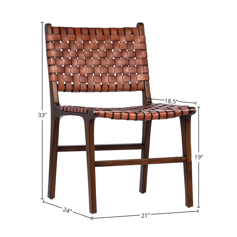 Sedia da pranzo laterale in pelle intrecciata con struttura in teak