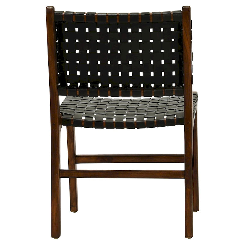 Sedia da pranzo laterale in pelle intrecciata con struttura in teak