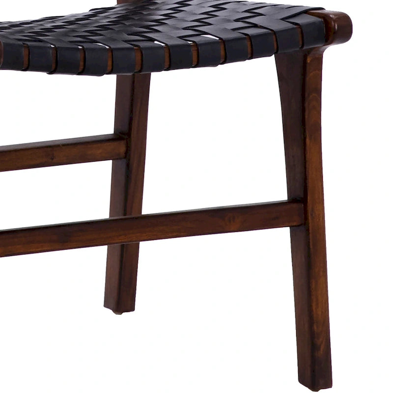 Sedia da pranzo laterale in pelle intrecciata con struttura in teak