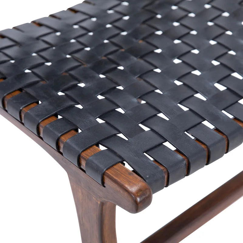 Sedia da pranzo laterale in pelle intrecciata con struttura in teak