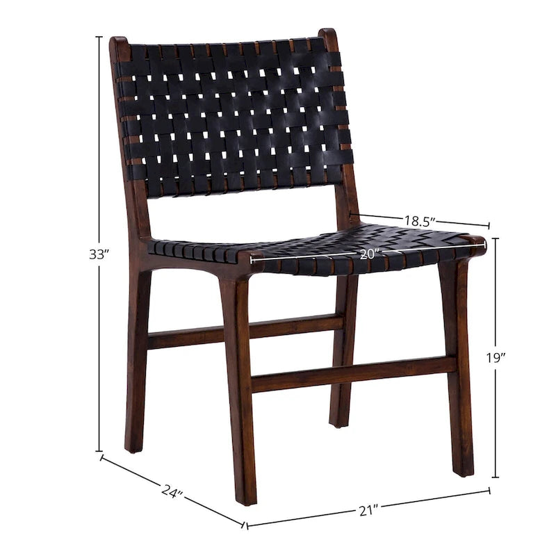 Sedia da pranzo laterale in pelle intrecciata con struttura in teak