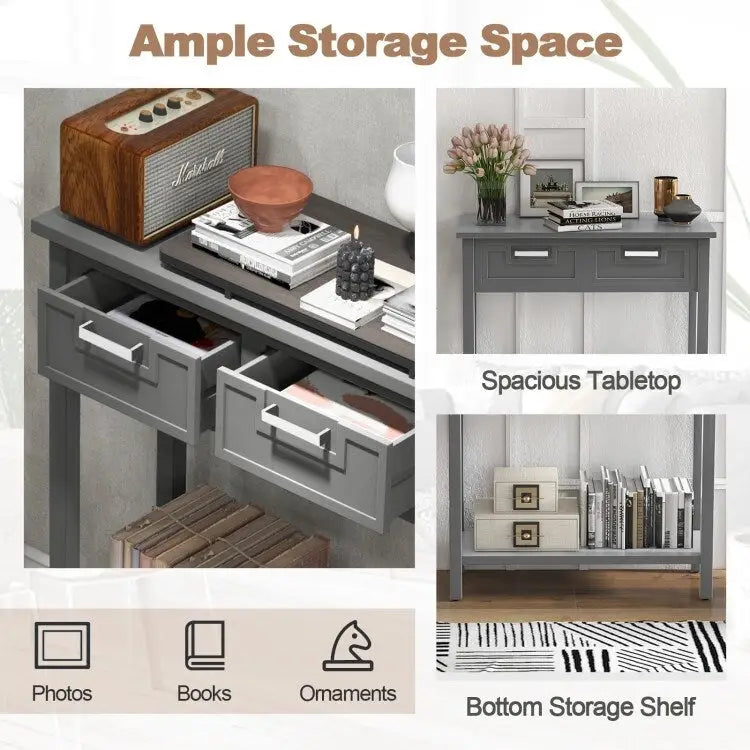 Tavolino Consolle Stretto con 2 Cassetti e Ripiano Aperto, 80 x 35,5 x 81 cm