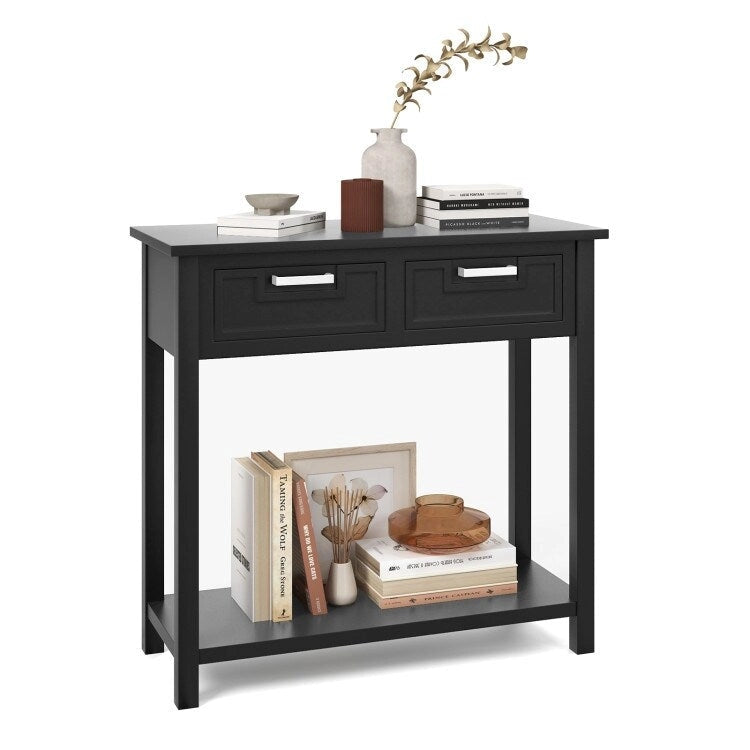 Tavolino Consolle Stretto con 2 Cassetti e Ripiano Aperto, 80 x 35,5 x 81 cm