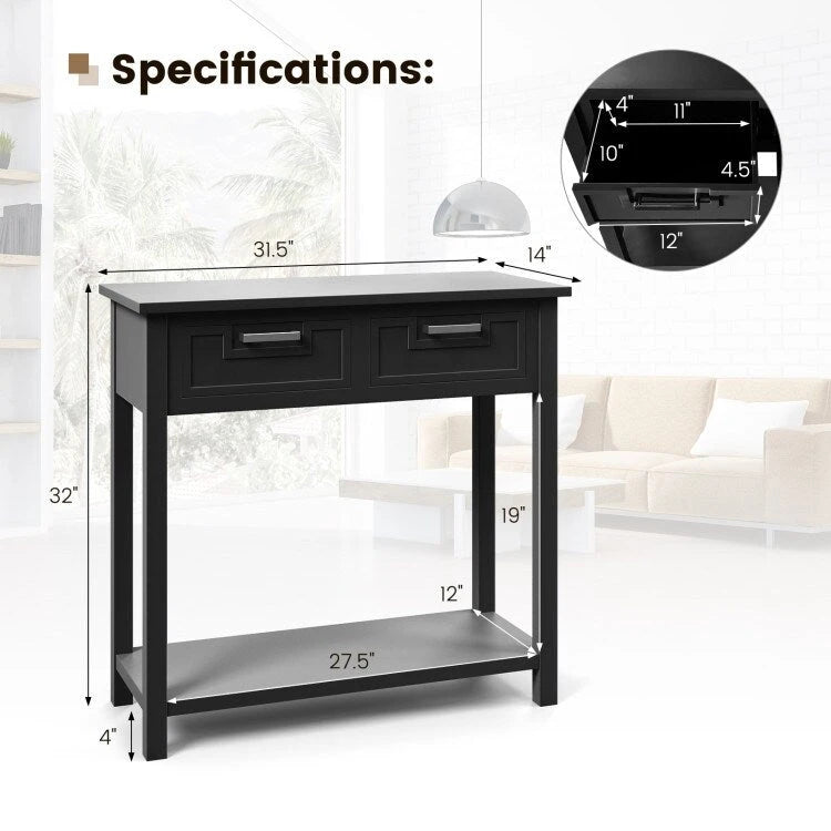 Tavolino Consolle Stretto con 2 Cassetti e Ripiano Aperto, 80 x 35,5 x 81 cm