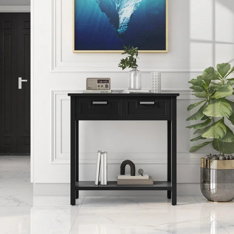 Tavolino Consolle Stretto con 2 Cassetti e Ripiano Aperto, 80 x 35,5 x 81 cm