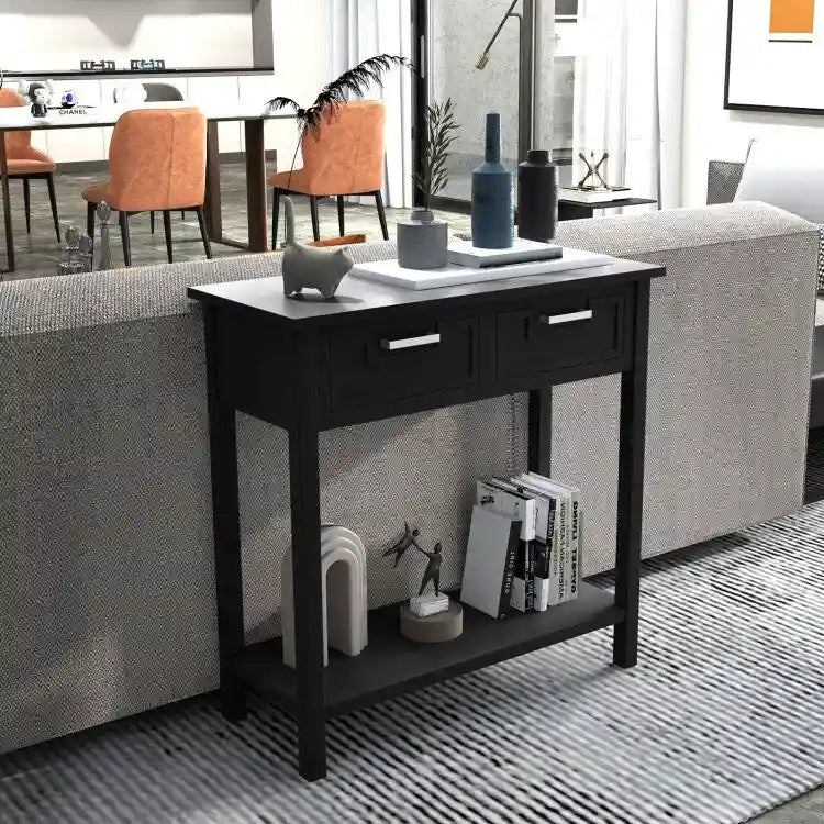 Tavolino Consolle Stretto con 2 Cassetti e Ripiano Aperto, 80 x 35,5 x 81 cm