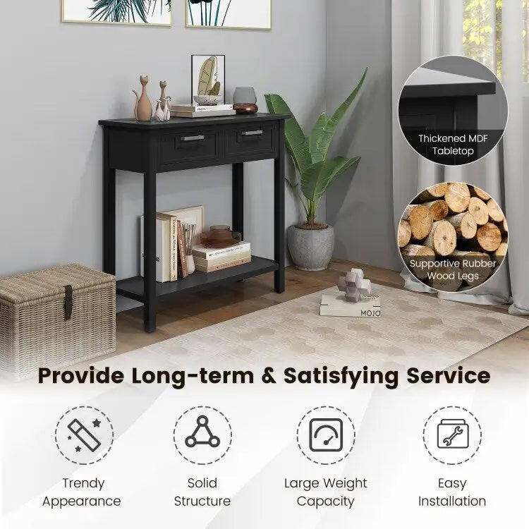 Tavolino Consolle Stretto con 2 Cassetti e Ripiano Aperto, 80 x 35,5 x 81 cm