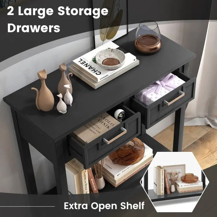 Tavolino Consolle Stretto con 2 Cassetti e Ripiano Aperto, 80 x 35,5 x 81 cm