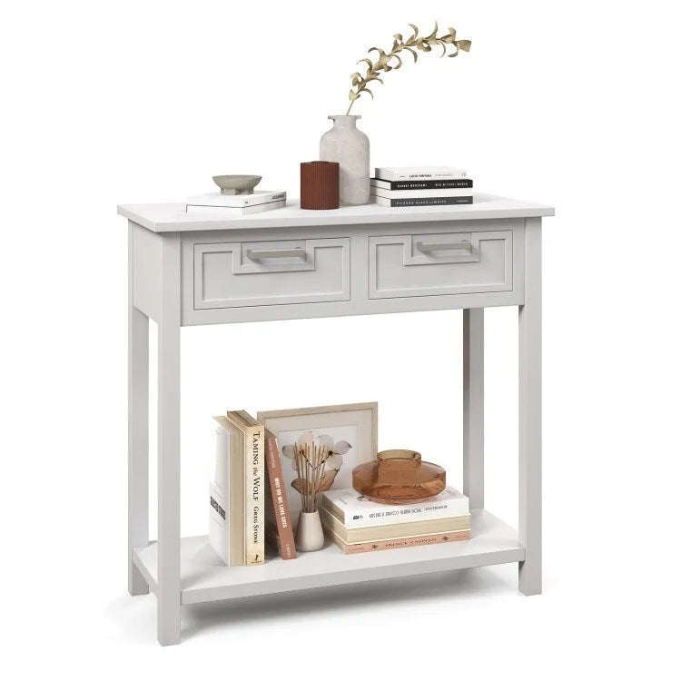 Tavolino Consolle Stretto con 2 Cassetti e Ripiano Aperto, 80 x 35,5 x 81 cm