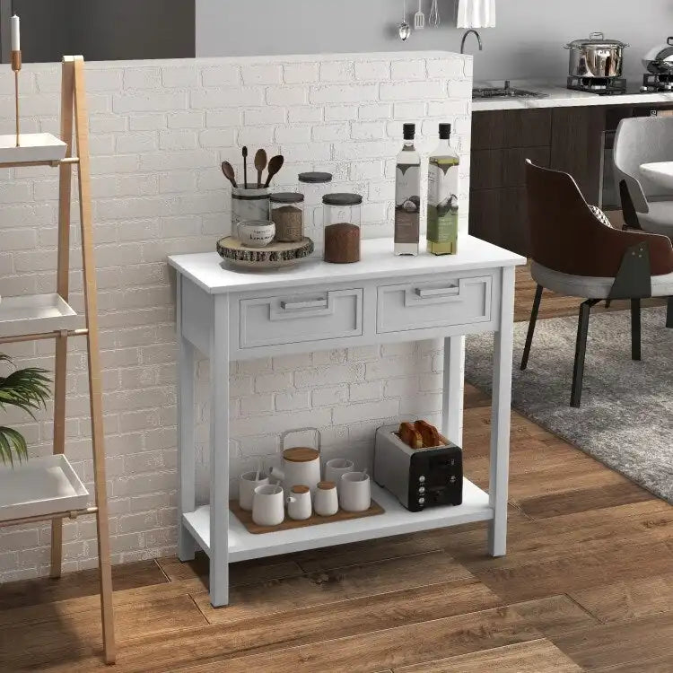 Tavolino Consolle Stretto con 2 Cassetti e Ripiano Aperto, 80 x 35,5 x 81 cm