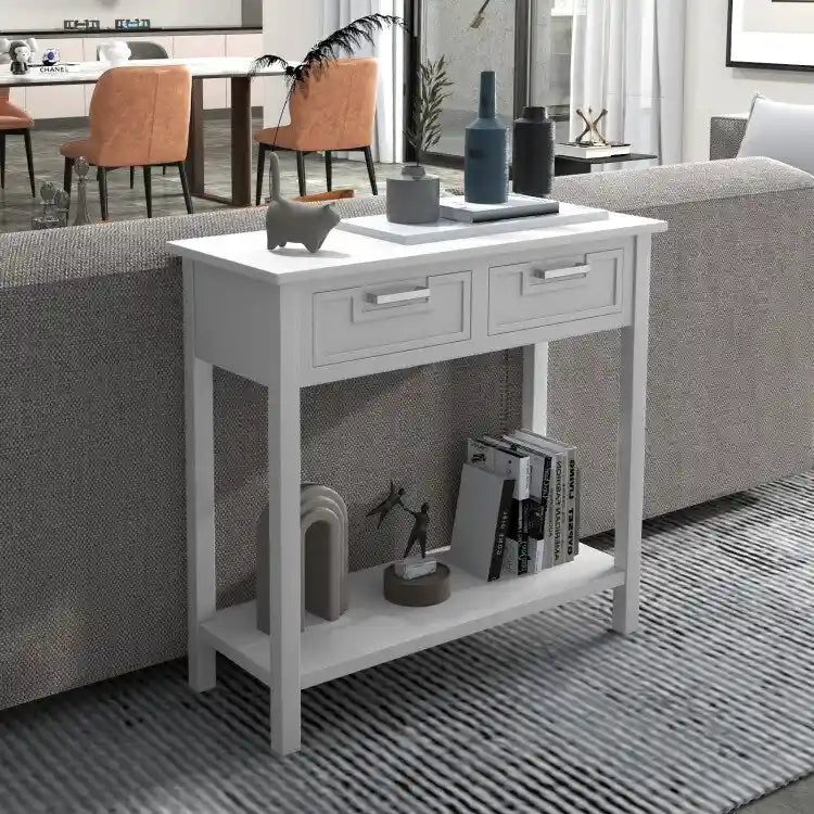 Tavolino Consolle Stretto con 2 Cassetti e Ripiano Aperto, 80 x 35,5 x 81 cm