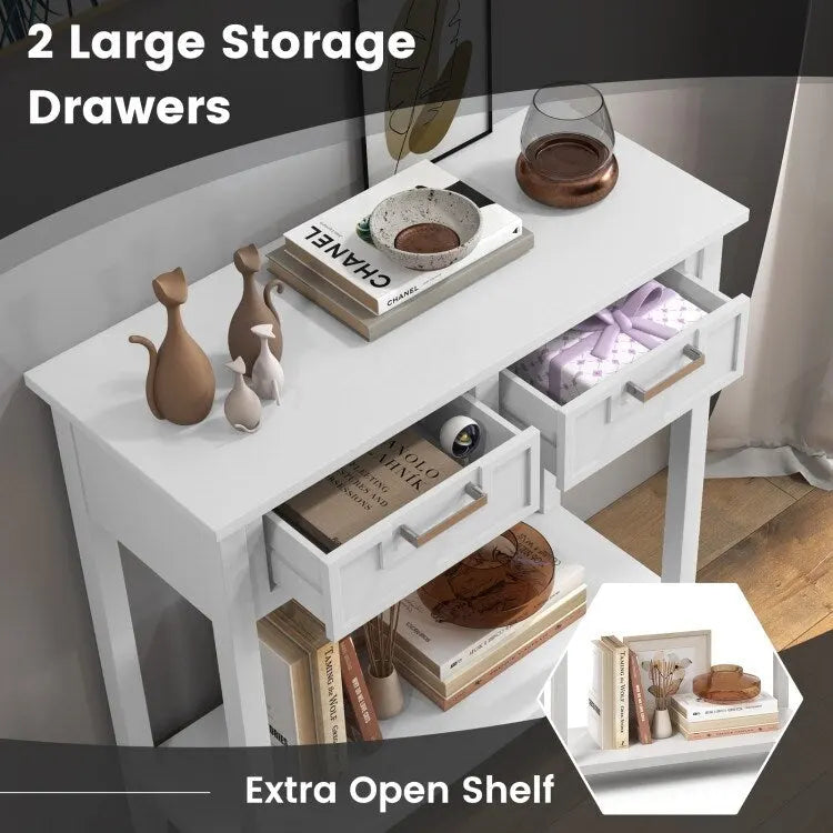 Tavolino Consolle Stretto con 2 Cassetti e Ripiano Aperto, 80 x 35,5 x 81 cm