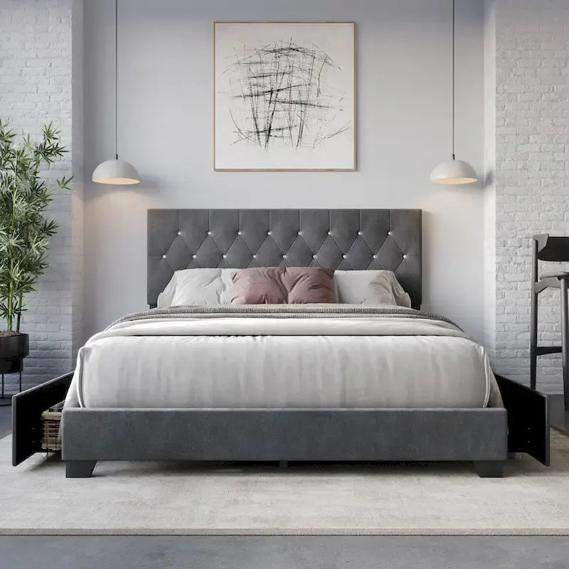 Letto a piattaforma imbottito capitonné con contenitore