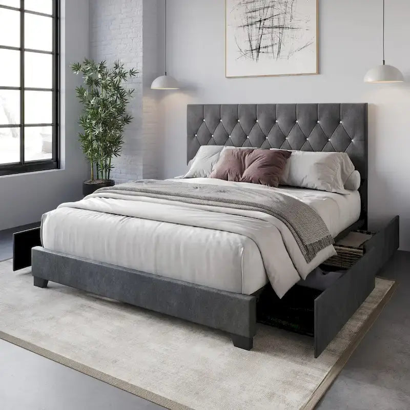 Letto a piattaforma imbottito capitonné con contenitore